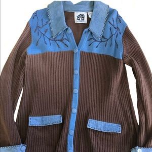 Storybook Knits brown cardigan w/denim accents L